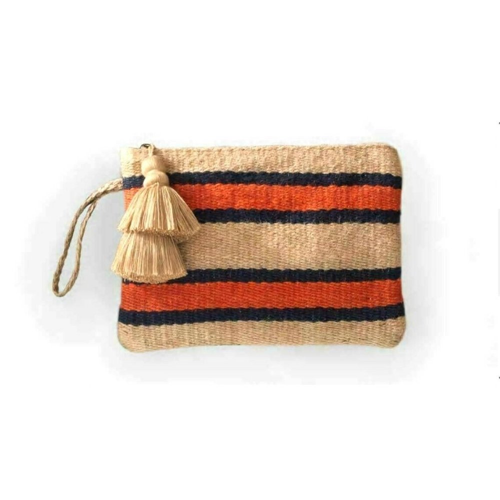 J Jill Wristlet Clutch Tan Orange Navy Striped Hand Bag Wallet Jute Tassel New